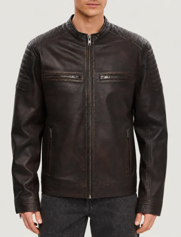 Helmsdale Distressed Dark Brown Café Racer Leather Jacket