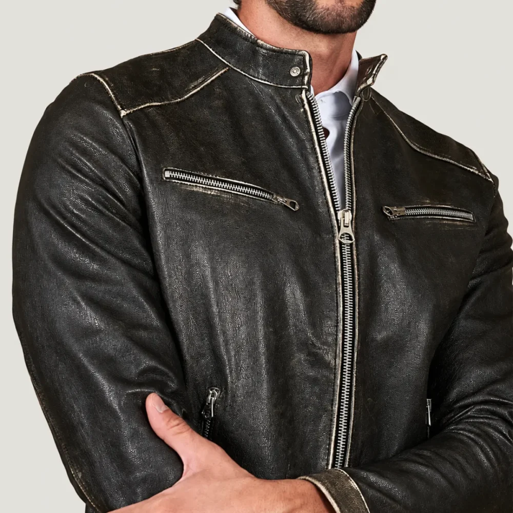 Kilcreggan Distressed Black Four-Zip Leather Café Racer Jacket