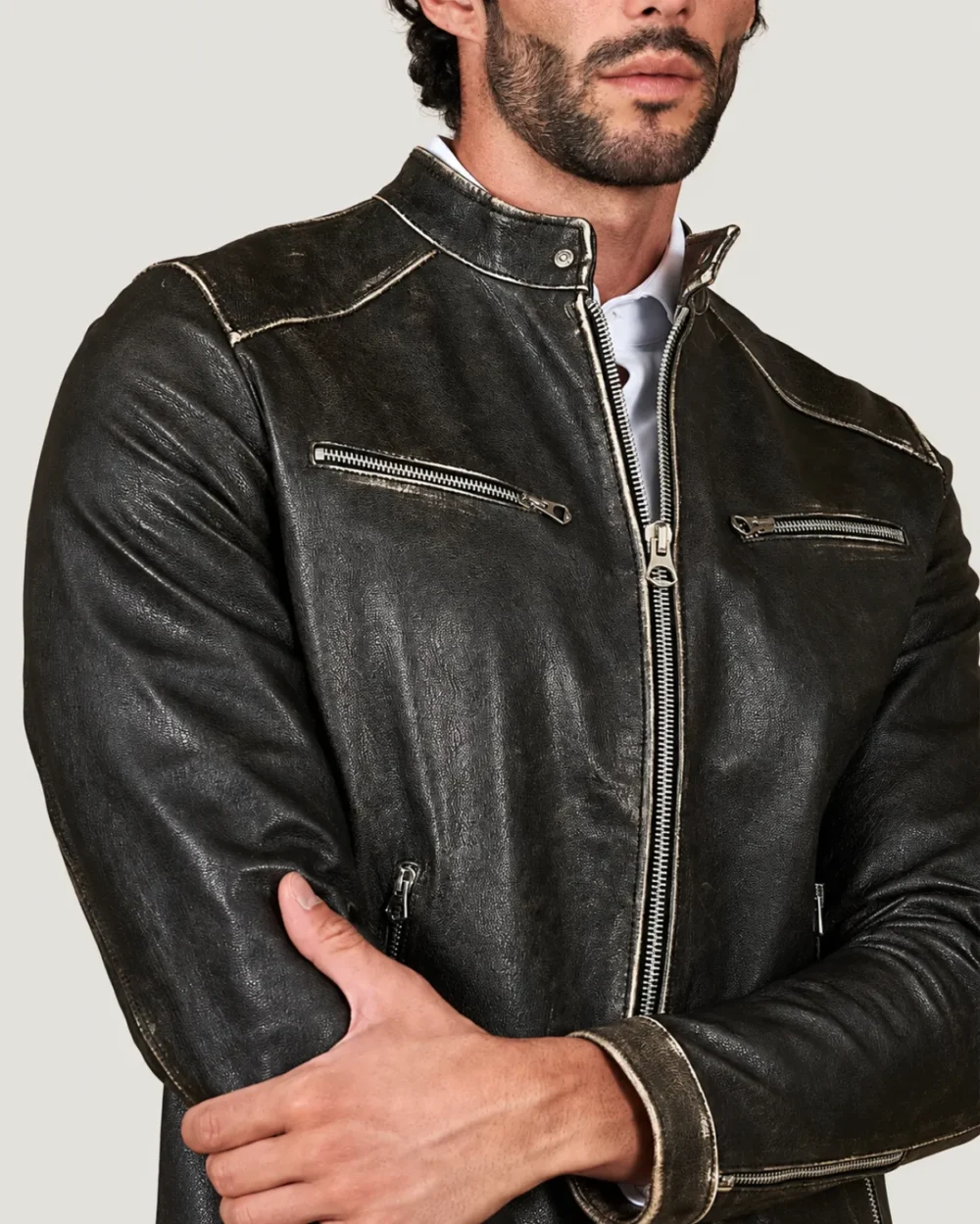 Kilcreggan Distressed Black Four-Zip Leather Café Racer Jacket
