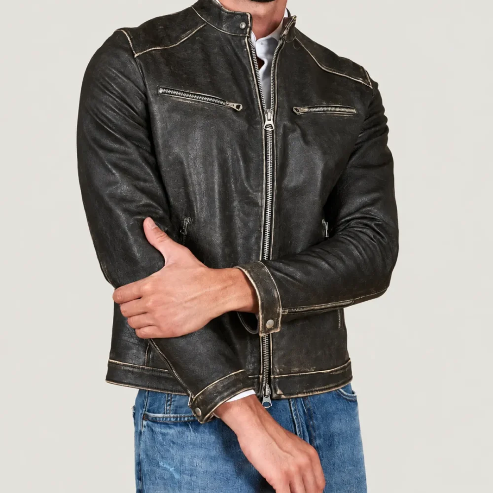 Kilcreggan Distressed Black Four-Zip Leather Café Racer Jacket