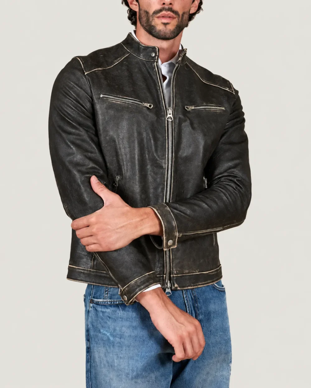 Kilcreggan Distressed Black Four-Zip Leather Café Racer Jacket