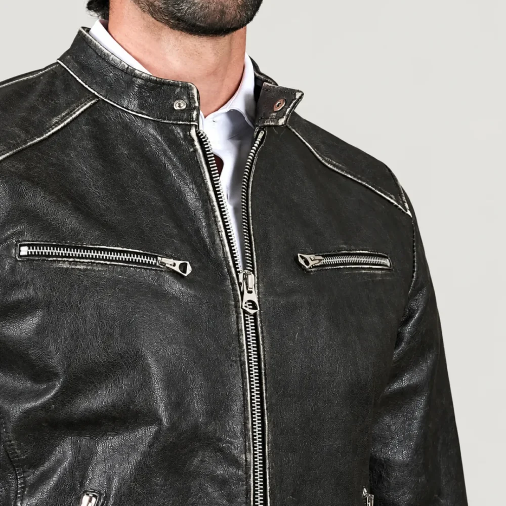 Kilcreggan Distressed Black Four-Zip Leather Café Racer Jacket