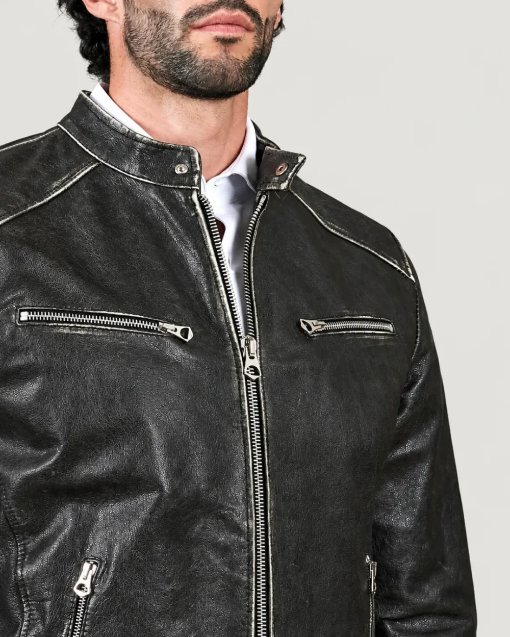 Kilcreggan Distressed Black Four-Zip Leather Café Racer Jacket