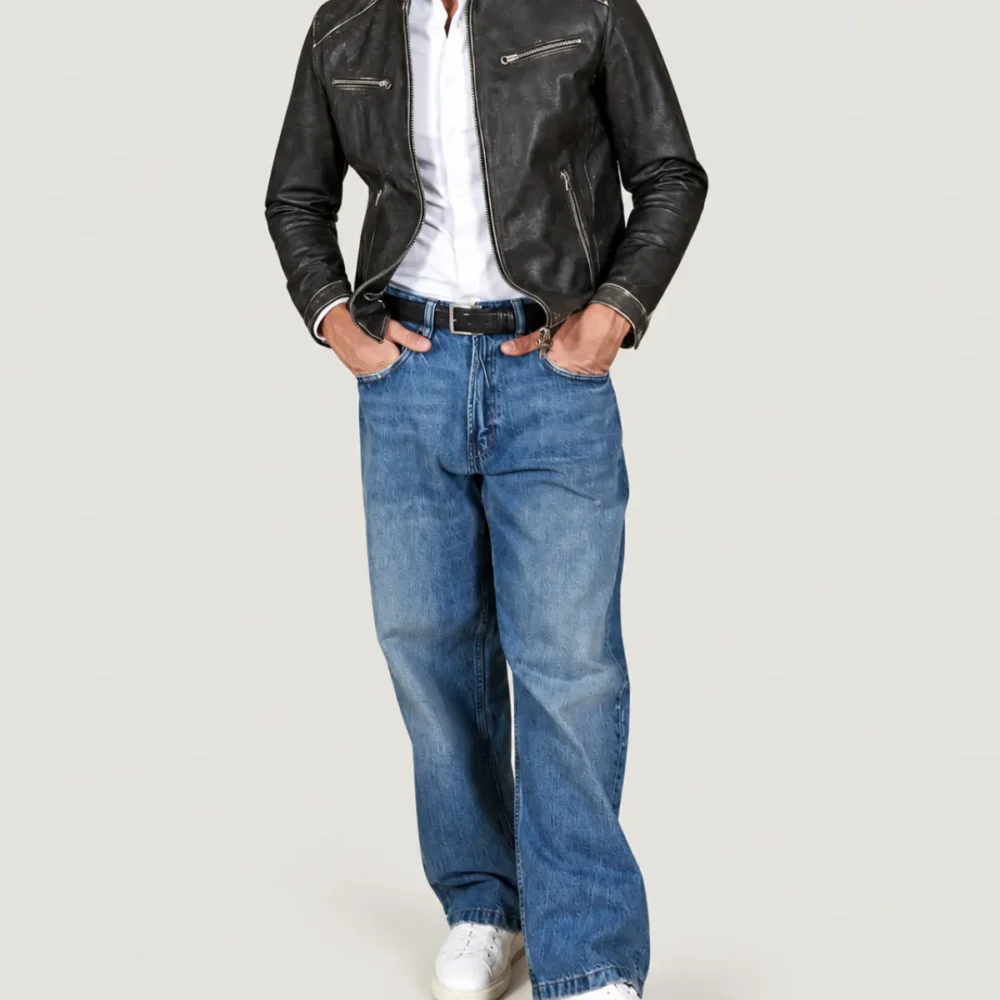 Kilcreggan Distressed Black Four-Zip Leather Café Racer Jacket