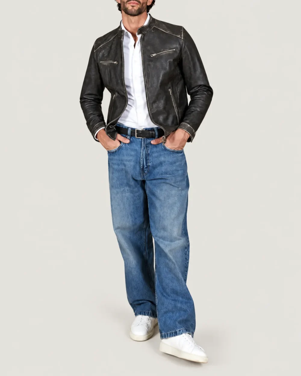 Kilcreggan Distressed Black Four-Zip Leather Café Racer Jacket
