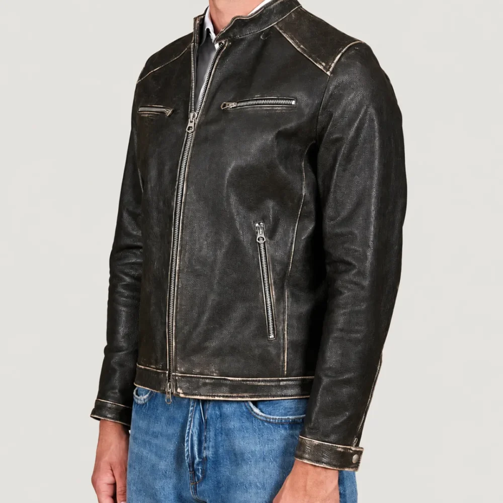 Kilcreggan Distressed Black Four-Zip Leather Café Racer Jacket