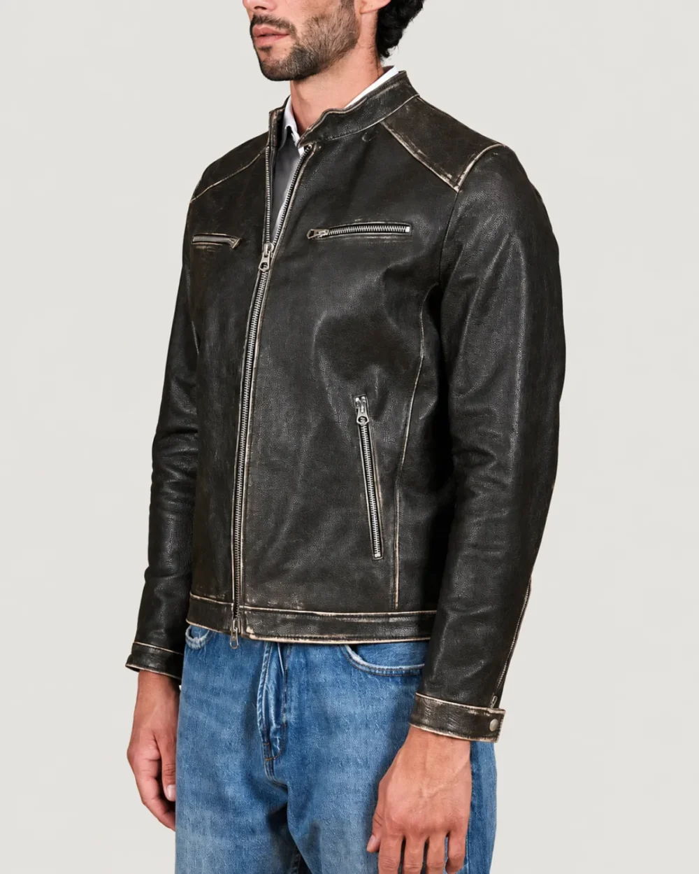 Kilcreggan Distressed Black Four-Zip Leather Café Racer Jacket