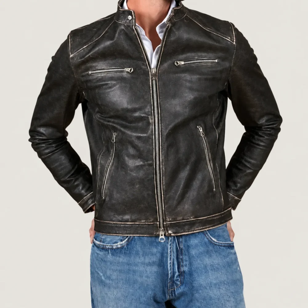 Kilcreggan Distressed Black Four-Zip Leather Café Racer Jacket