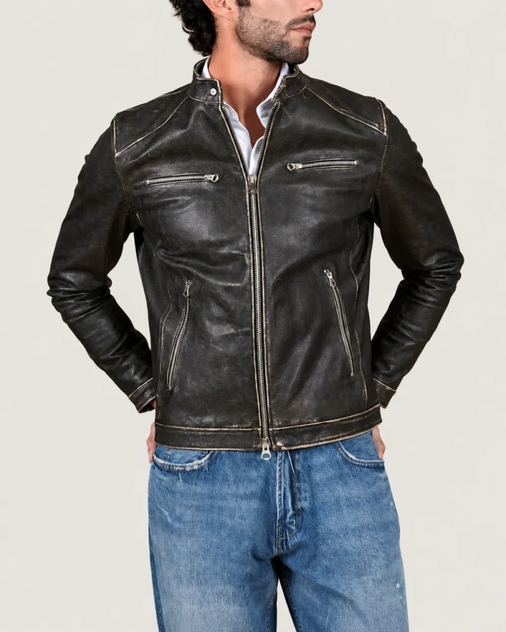 Kilcreggan Distressed Black Four-Zip Leather Café Racer Jacket