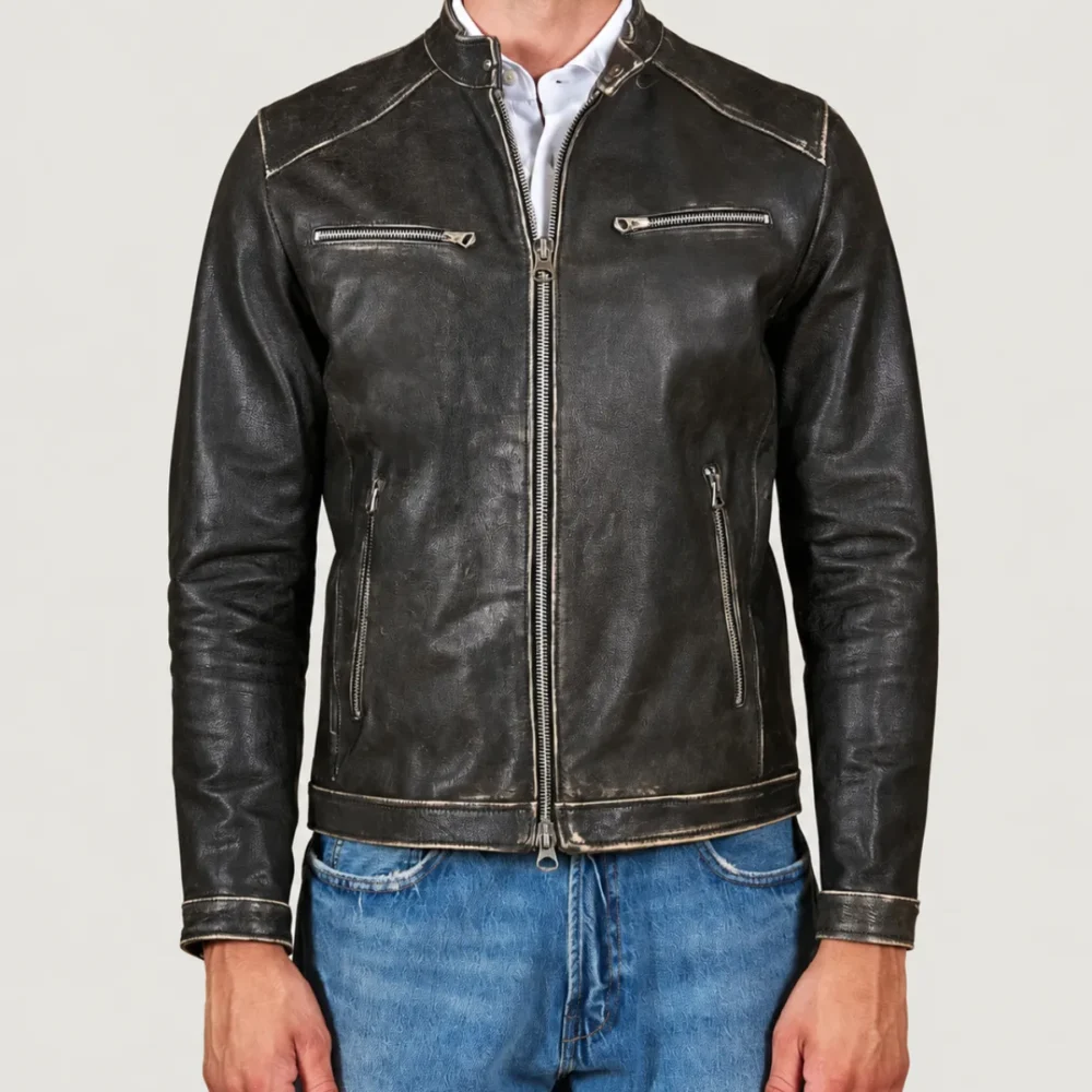 Kilcreggan Distressed Black Four-Zip Leather Café Racer Jacket