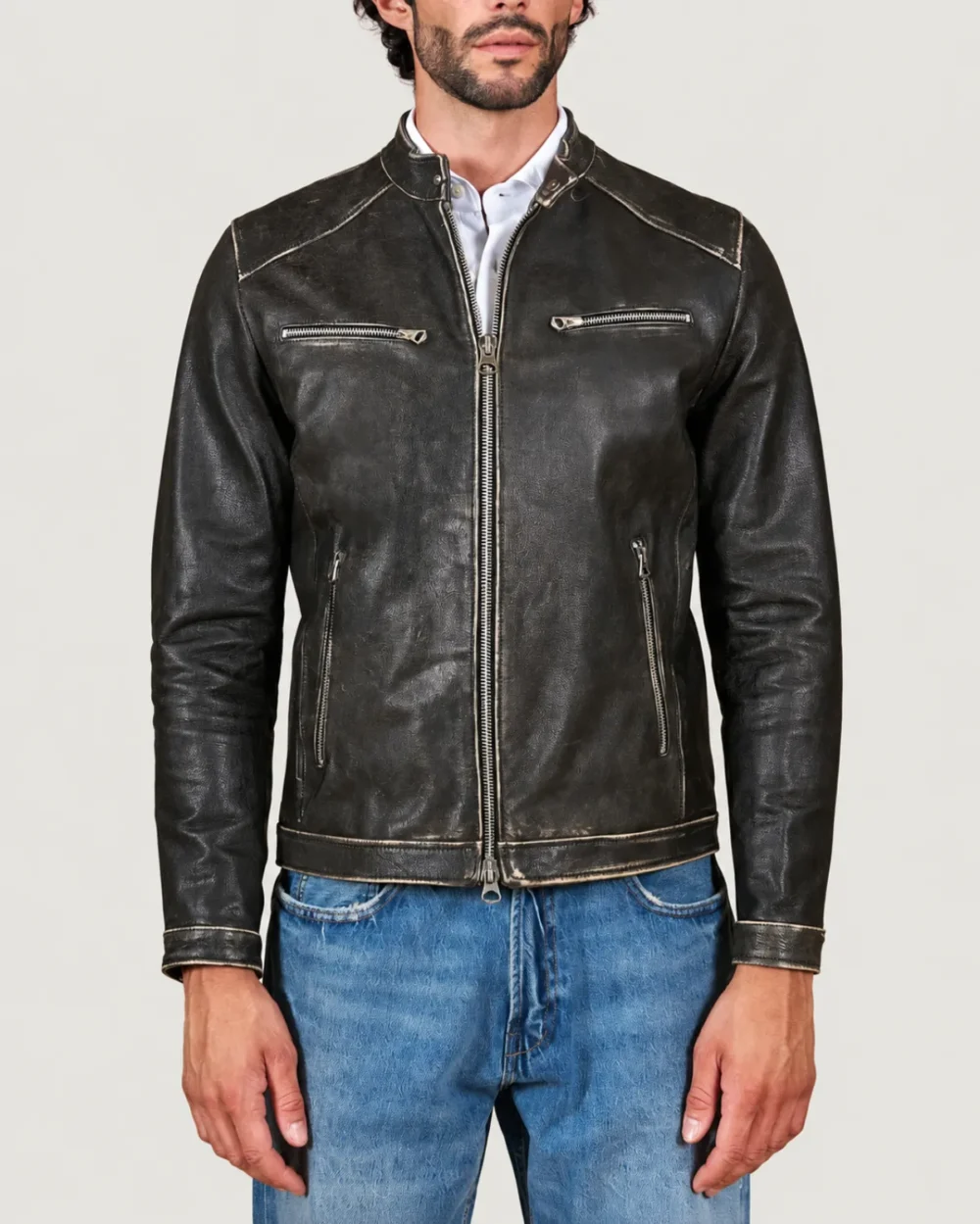 Kilcreggan Distressed Black Four-Zip Leather Café Racer Jacket