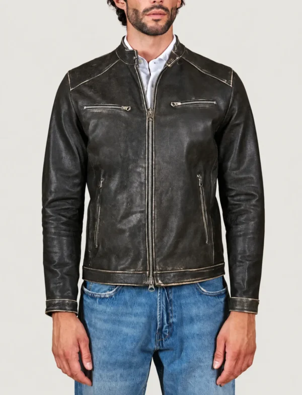 Kilcreggan Distressed Black Four-Zip Leather Café Racer Jacket