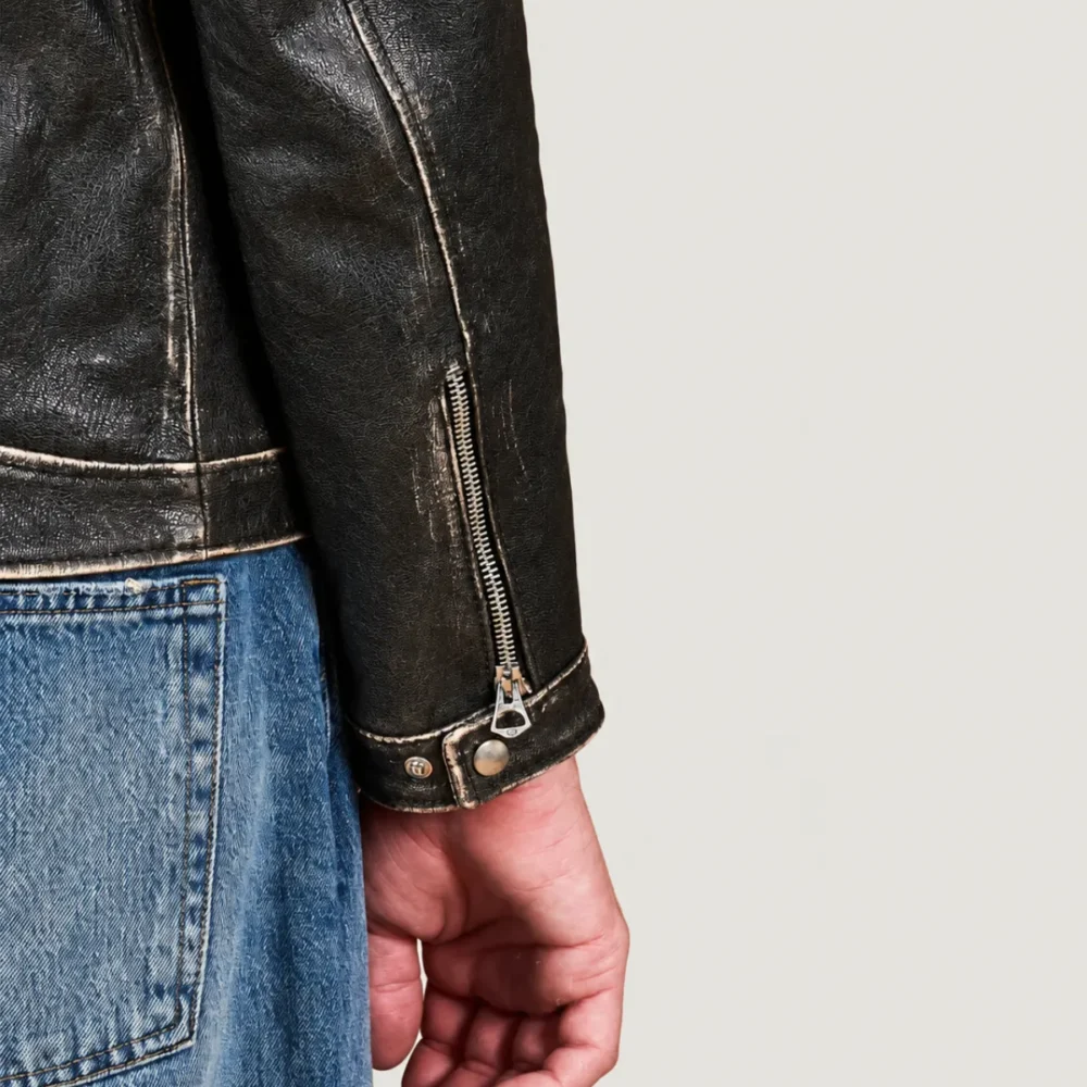 Kilcreggan Distressed Black Four-Zip Leather Café Racer Jacket