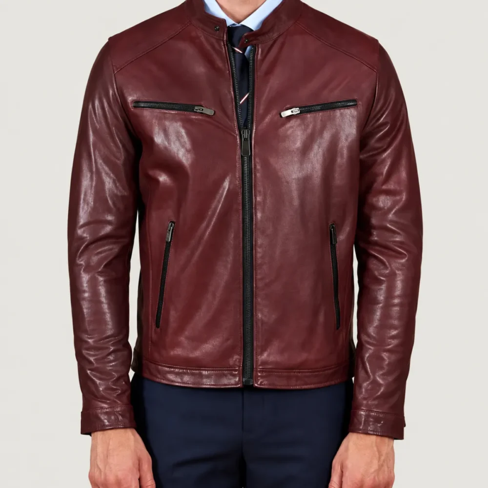 Kilcreggan Four-Zip Burgundy Leather Café Racer Jacket