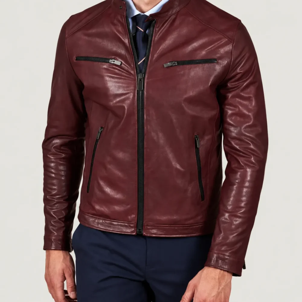 Kilcreggan Four-Zip Burgundy Leather Café Racer Jacket