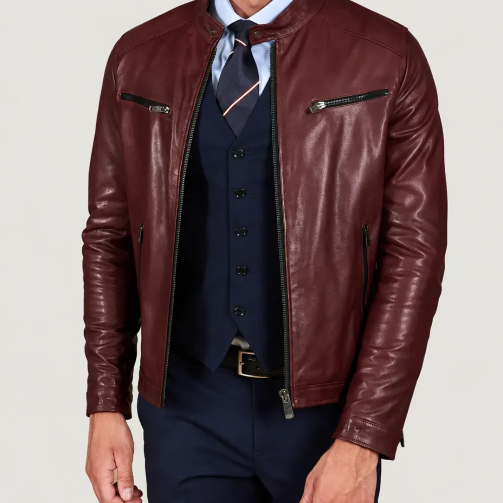 Kilcreggan Four-Zip Burgundy Leather Café Racer Jacket
