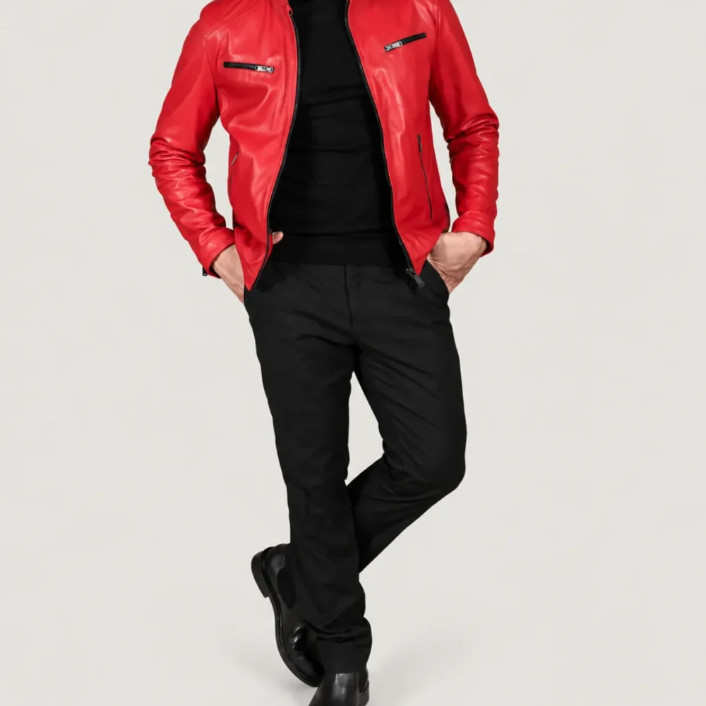 Kilcreggan Four-Zip Carmine Red Leather Café Racer Jacket