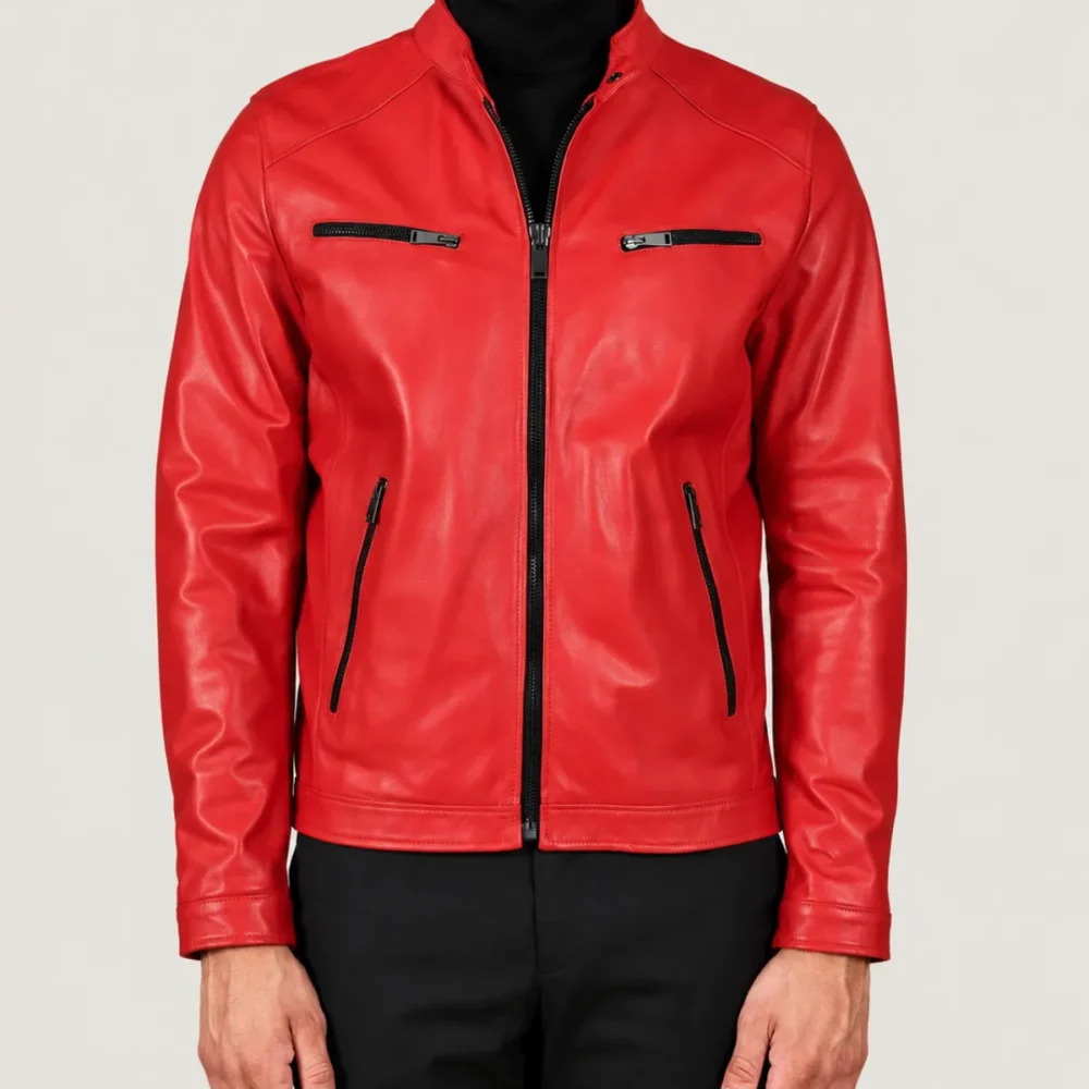 Kilcreggan Four-Zip Carmine Red Leather Café Racer Jacket