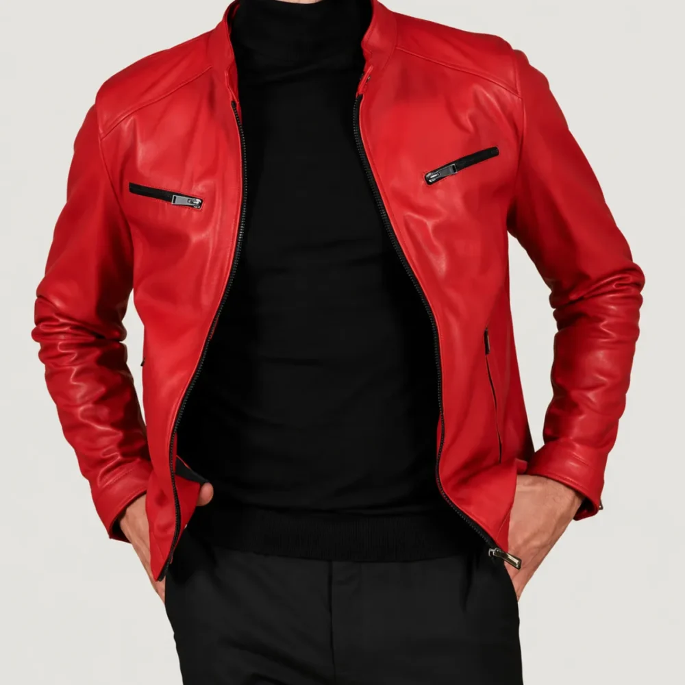 Kilcreggan Four-Zip Carmine Red Leather Café Racer Jacket