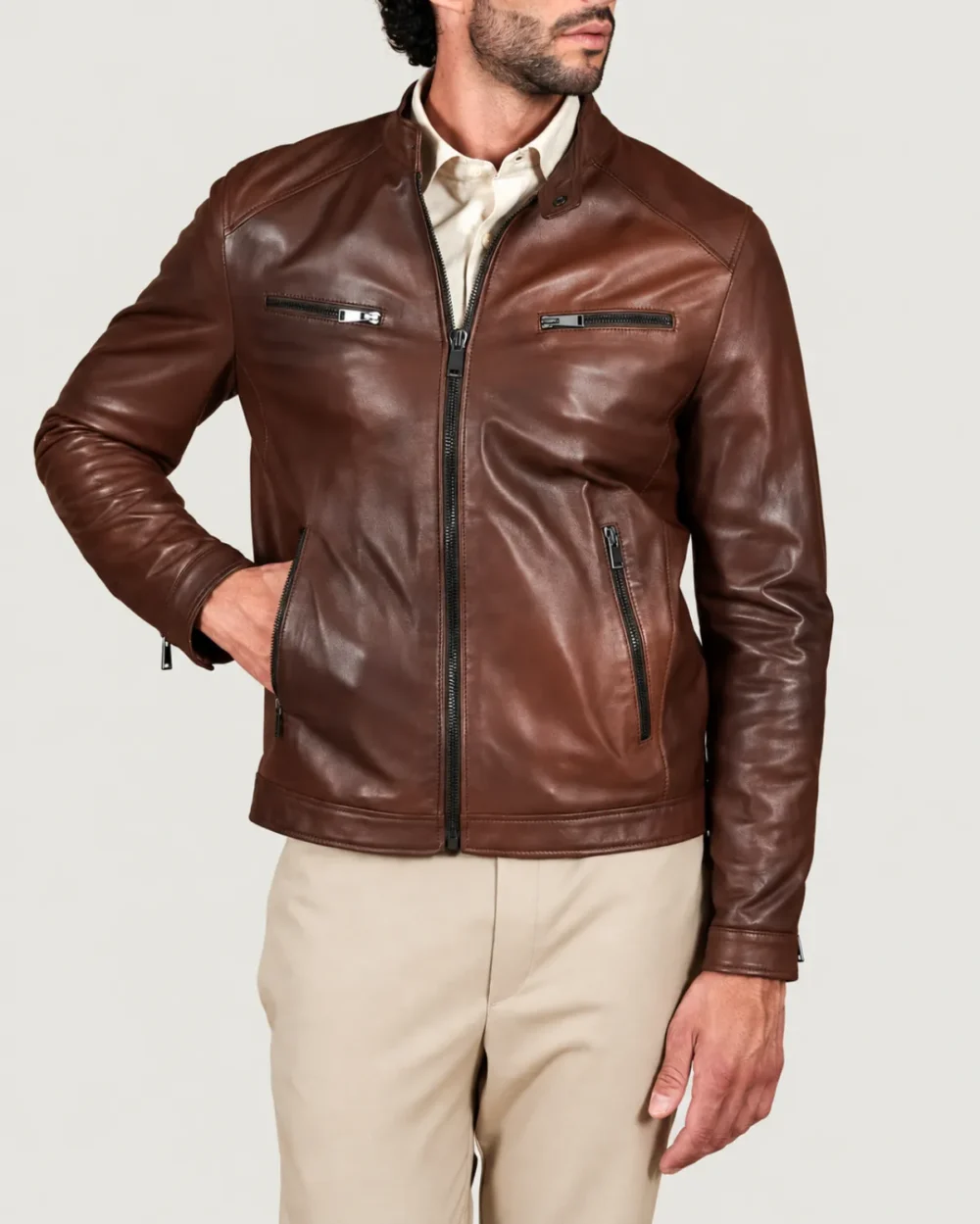 Kilcreggan Four-Zip Chestnut Brown Leather Café Racer Jacket