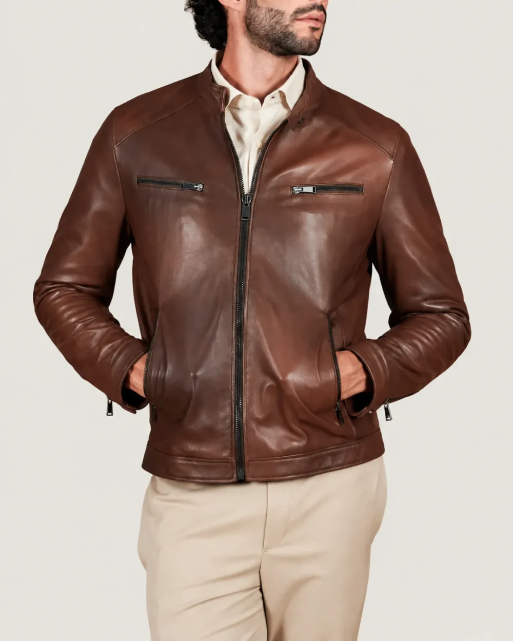 Kilcreggan Four-Zip Chestnut Brown Leather Café Racer Jacket