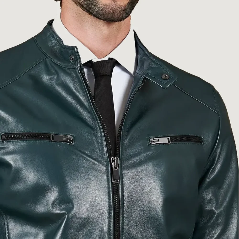kilcreggan-four-zip-loch-forest-green-leather-cafe-racer-jacket-closeup Kilcreggan Four-Zip Loch Forest Green Leather Café Racer Jacket