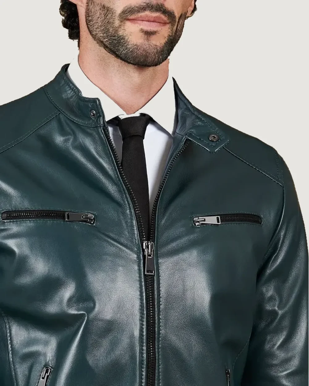 kilcreggan-four-zip-loch-forest-green-leather-cafe-racer-jacket-closeup Kilcreggan Four-Zip Loch Forest Green Leather Café Racer Jacket