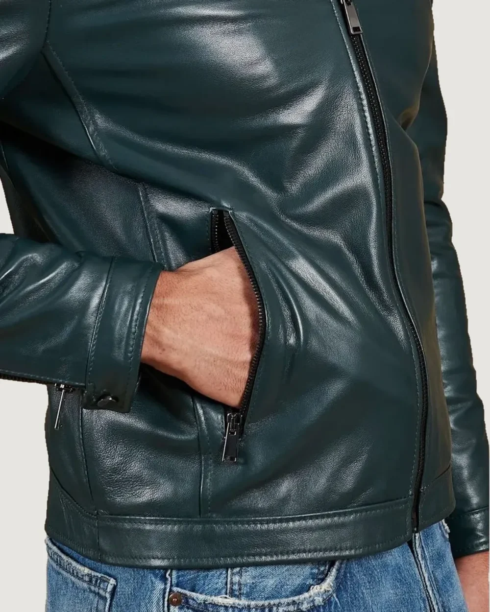 kilcreggan-four-zip-loch-forest-green-leather-cafe-racer-jacket-pocket Kilcreggan Four-Zip Loch Forest Green Leather Café Racer Jacket