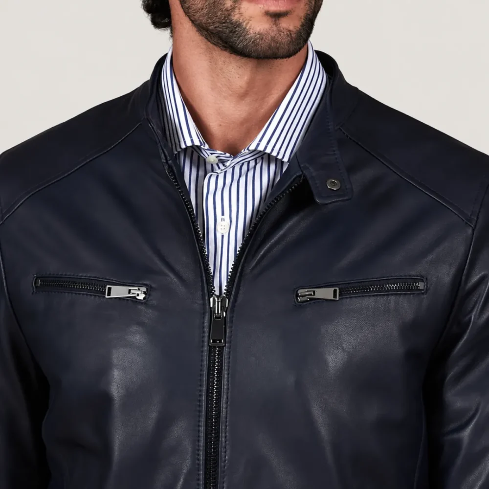 Kilcreggan Four-Zip Navy Blue Leather Café Racer Jacket