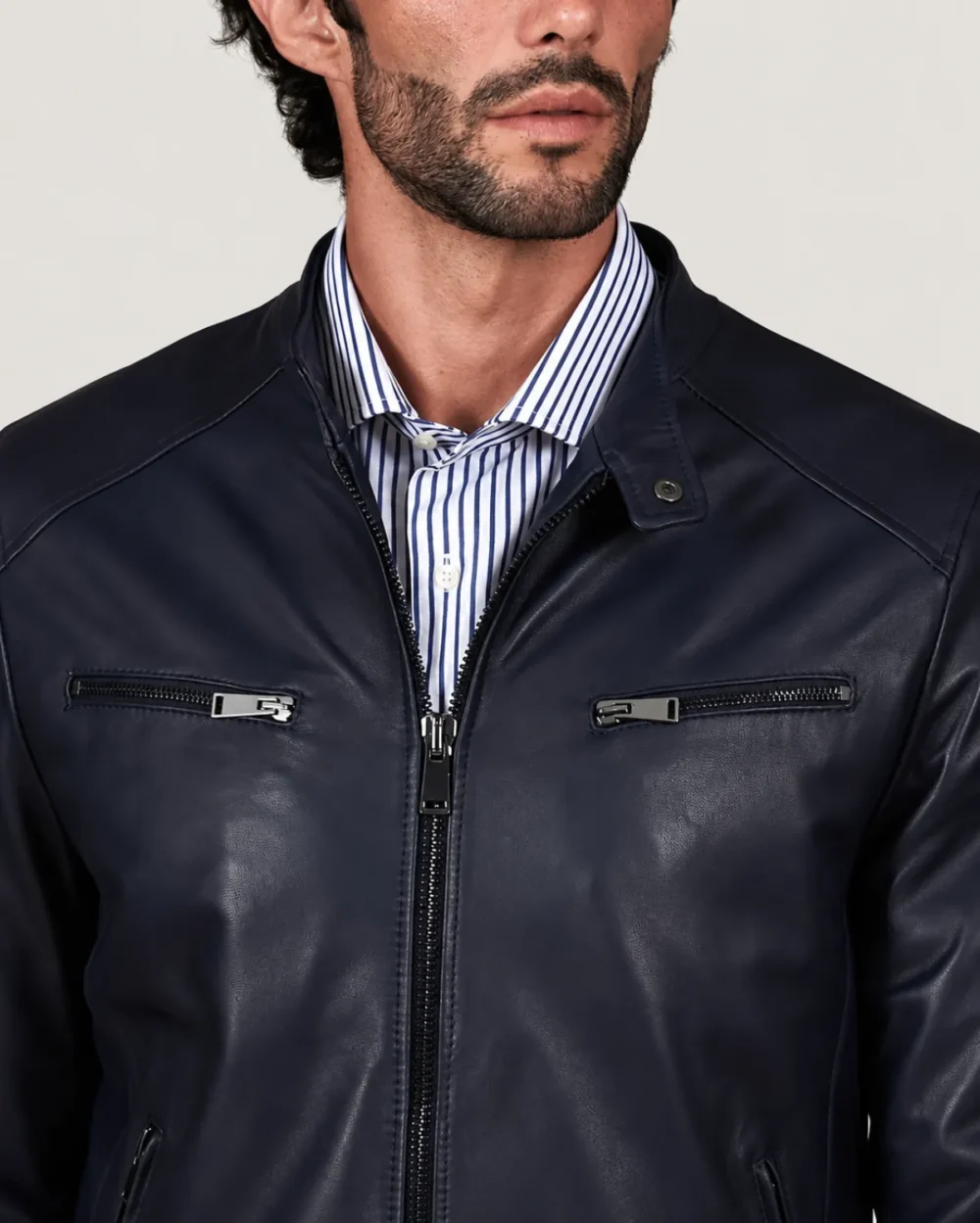 Kilcreggan Four-Zip Navy Blue Leather Café Racer Jacket