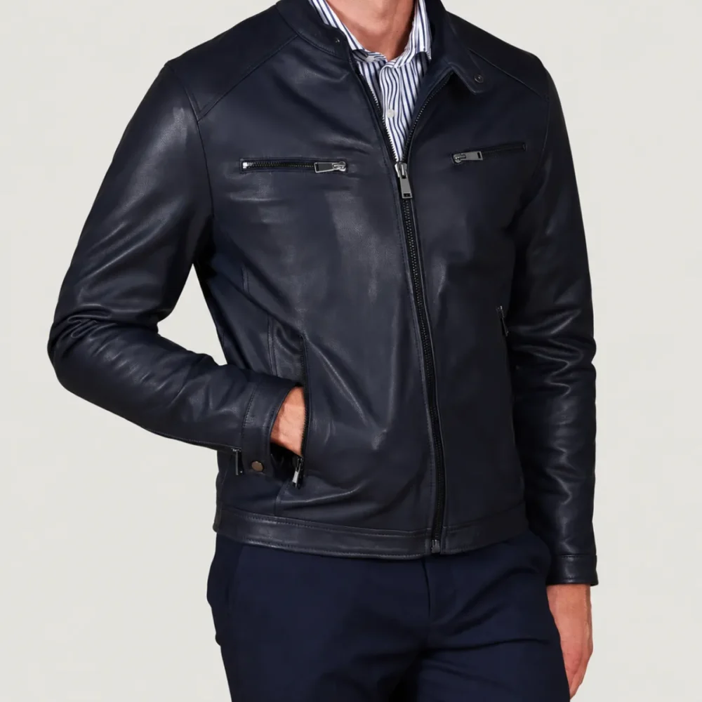 Kilcreggan Four-Zip Navy Blue Leather Café Racer Jacket