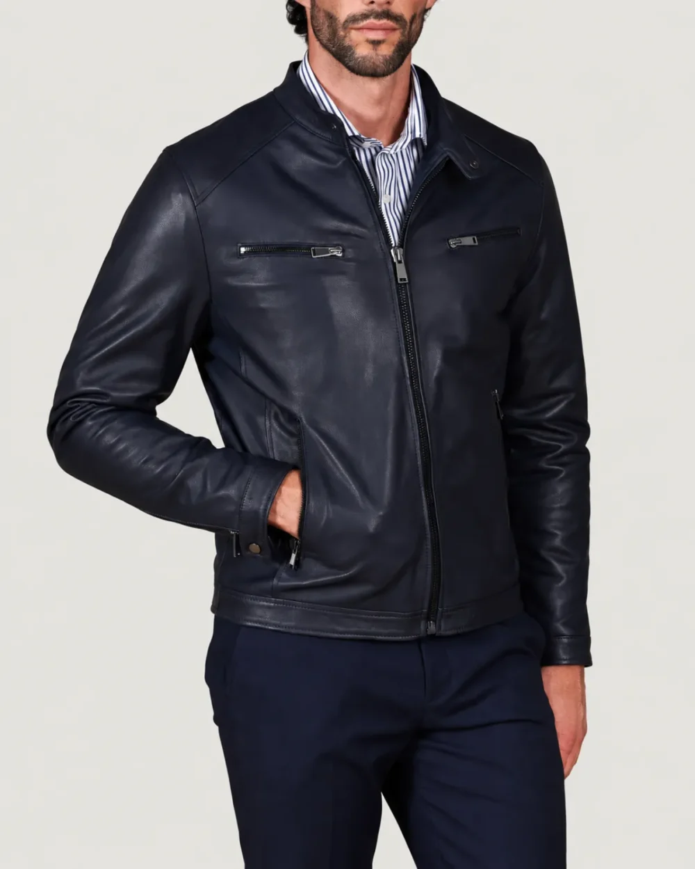 Kilcreggan Four-Zip Navy Blue Leather Café Racer Jacket