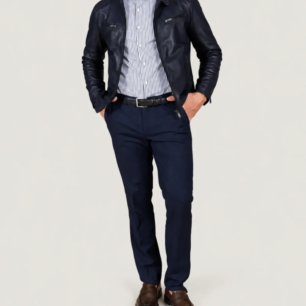 Kilcreggan Four-Zip Navy Blue Leather Café Racer Jacket