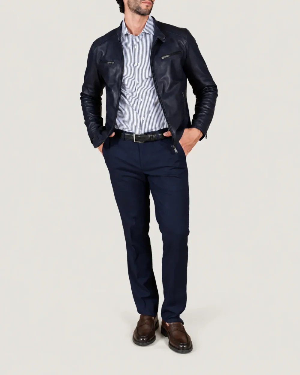 Kilcreggan Four-Zip Navy Blue Leather Café Racer Jacket