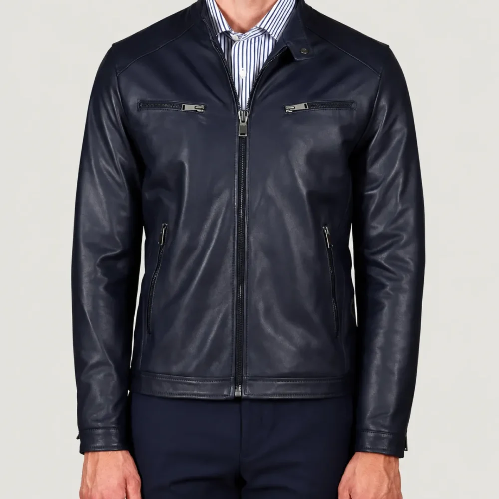 Kilcreggan Four-Zip Navy Blue Leather Café Racer Jacket