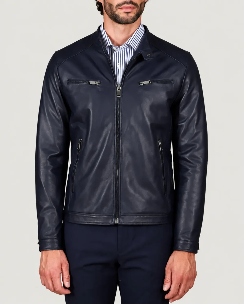 Kilcreggan Four-Zip Navy Blue Leather Café Racer Jacket