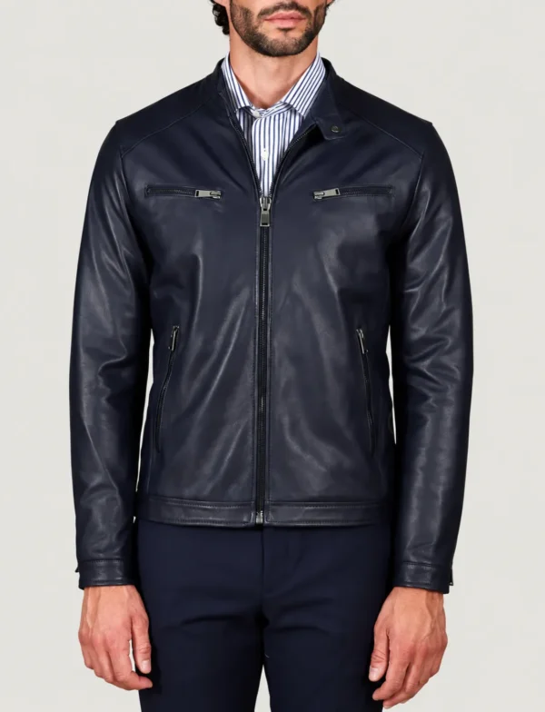 Kilcreggan Four-Zip Navy Blue Leather Café Racer Jacket