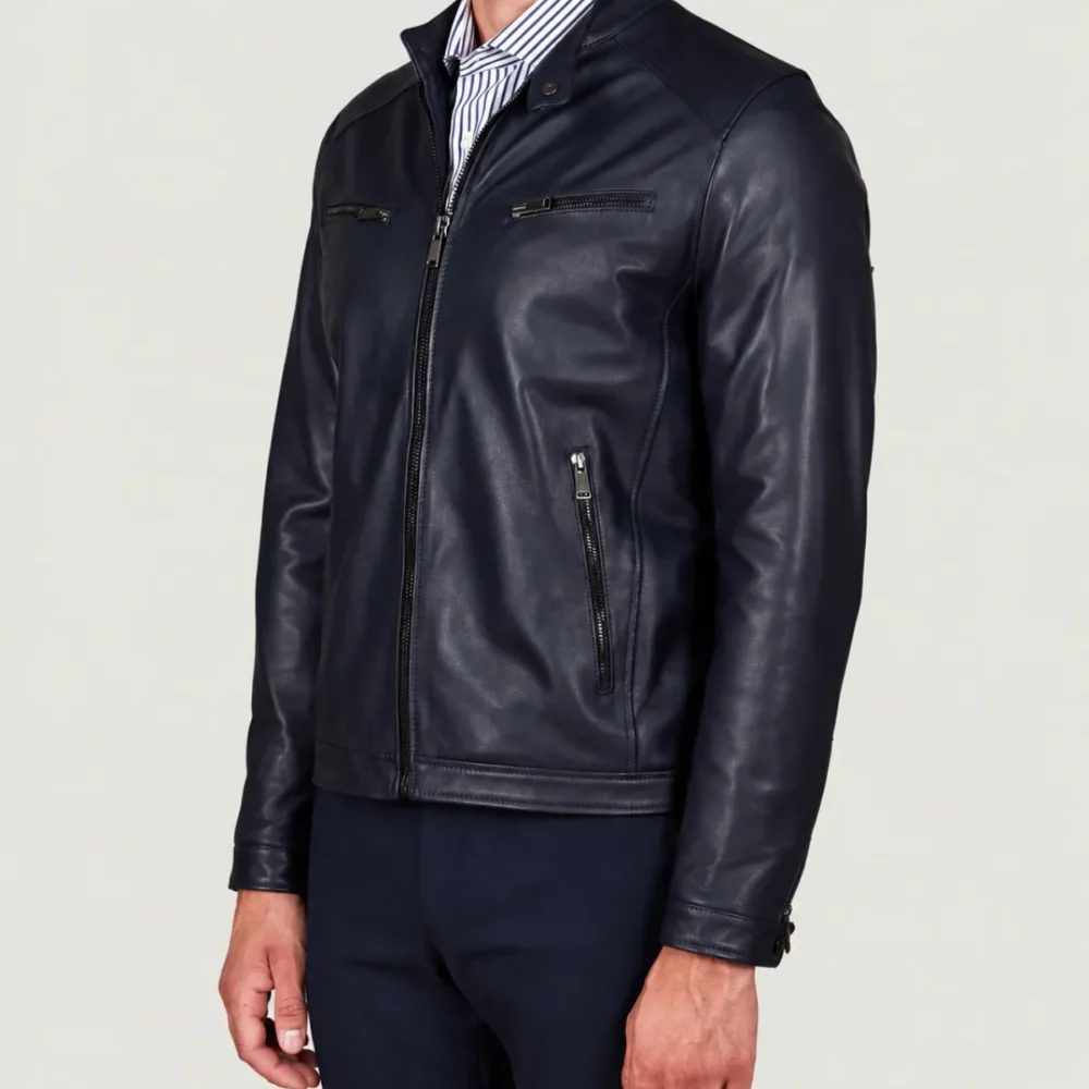 Kilcreggan Four-Zip Navy Blue Leather Café Racer Jacket
