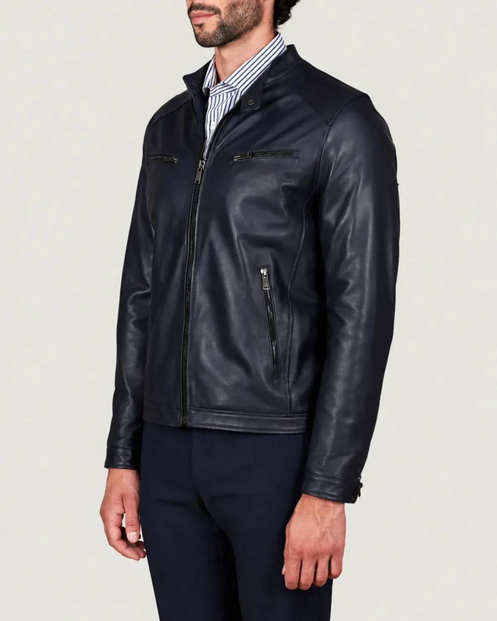 Kilcreggan Four-Zip Navy Blue Leather Café Racer Jacket