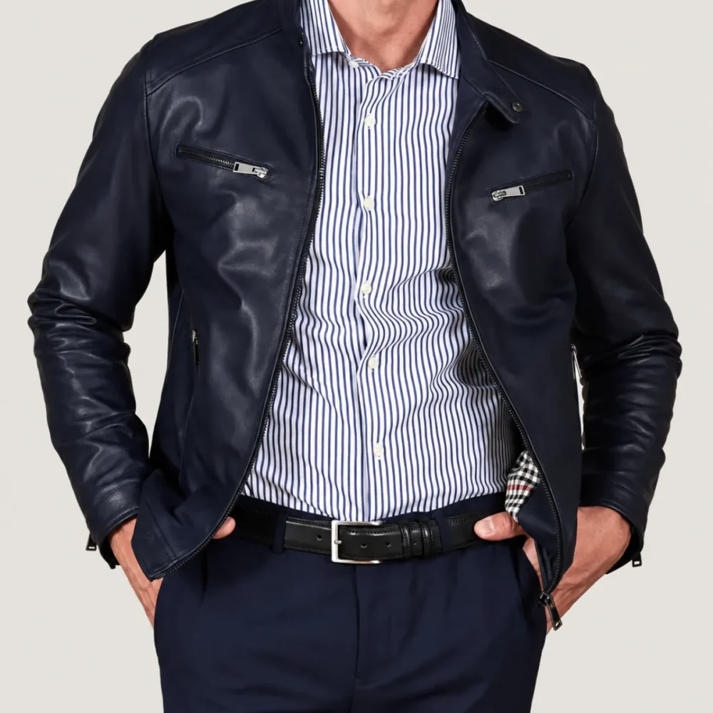 Kilcreggan Four-Zip Navy Blue Leather Café Racer Jacket