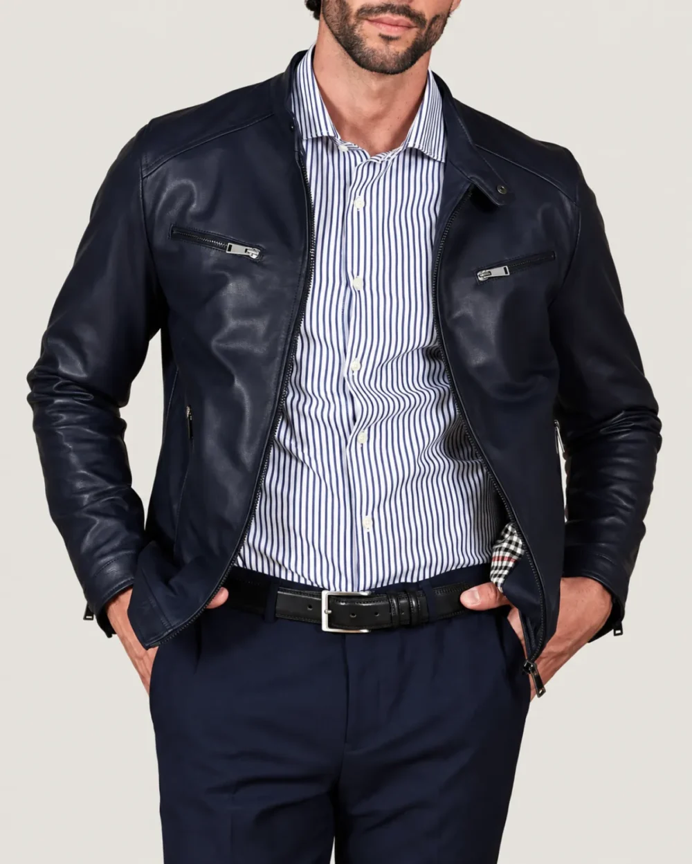 Kilcreggan Four-Zip Navy Blue Leather Café Racer Jacket