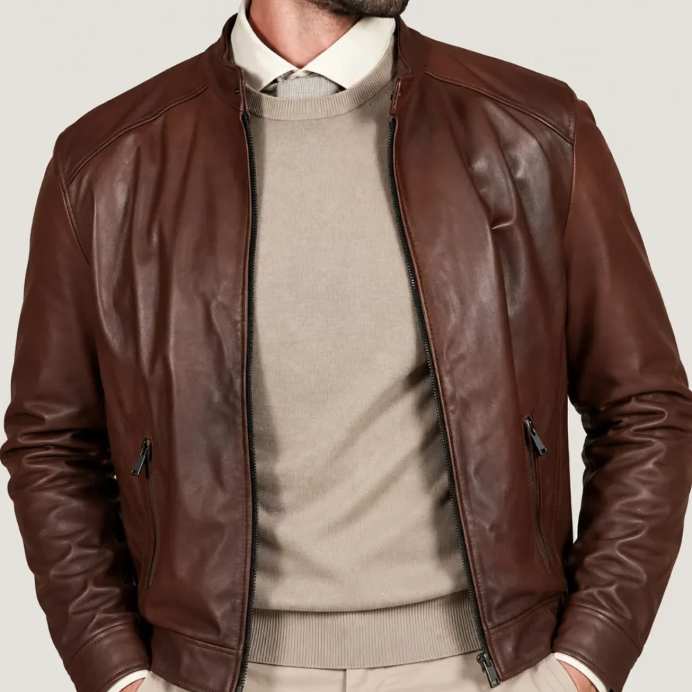 lossiemouth-chestnut-brown-leather-cafe-racer-jacket-closeup-front Lossiemouth Chestnut Brown Leather Café Racer Jacket
