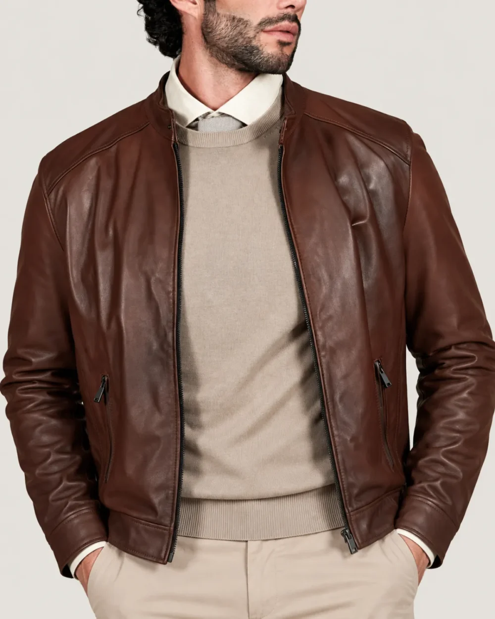 lossiemouth-chestnut-brown-leather-cafe-racer-jacket-closeup-front Lossiemouth Chestnut Brown Leather Café Racer Jacket