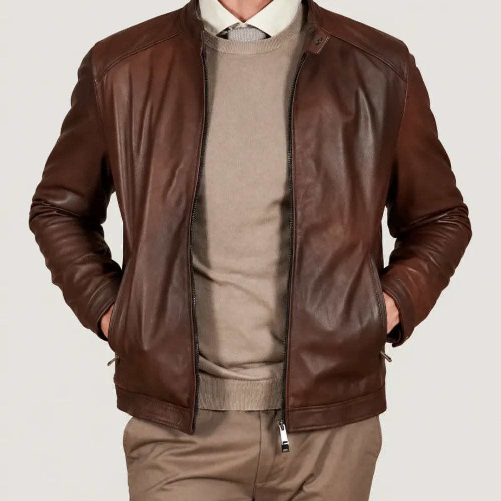 lossiemouth-chestnut-brown-leather-cafe-racer-jacket-front-posing Lossiemouth Chestnut Brown Leather Café Racer Jacket