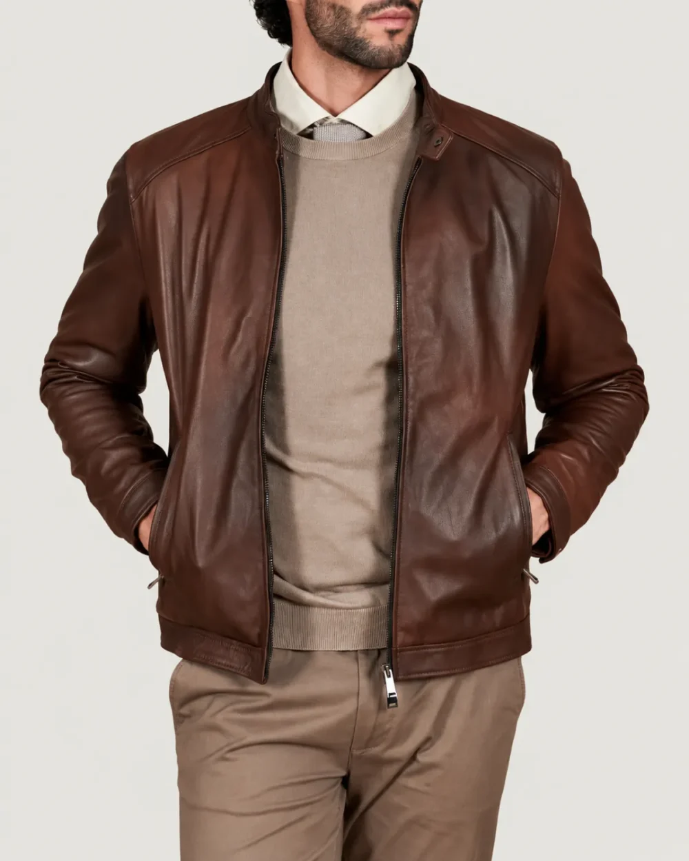 lossiemouth-chestnut-brown-leather-cafe-racer-jacket-front-posing Lossiemouth Chestnut Brown Leather Café Racer Jacket