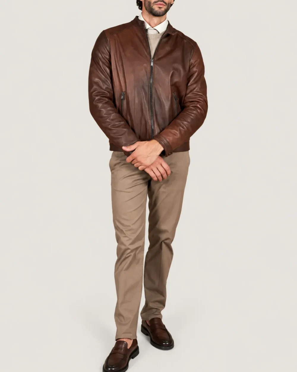 lossiemouth-chestnut-brown-leather-cafe-racer-jacket-full-model Lossiemouth Chestnut Brown Leather Café Racer Jacket