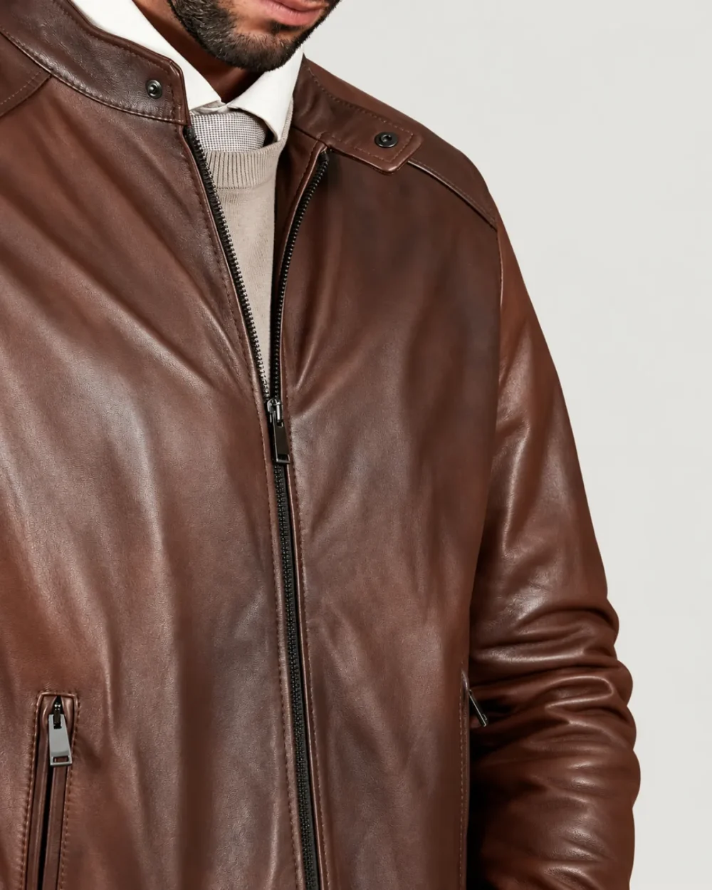 lossiemouth-chestnut-brown-leather-cafe-racer-jacket-zipper Lossiemouth Chestnut Brown Leather Café Racer Jacket