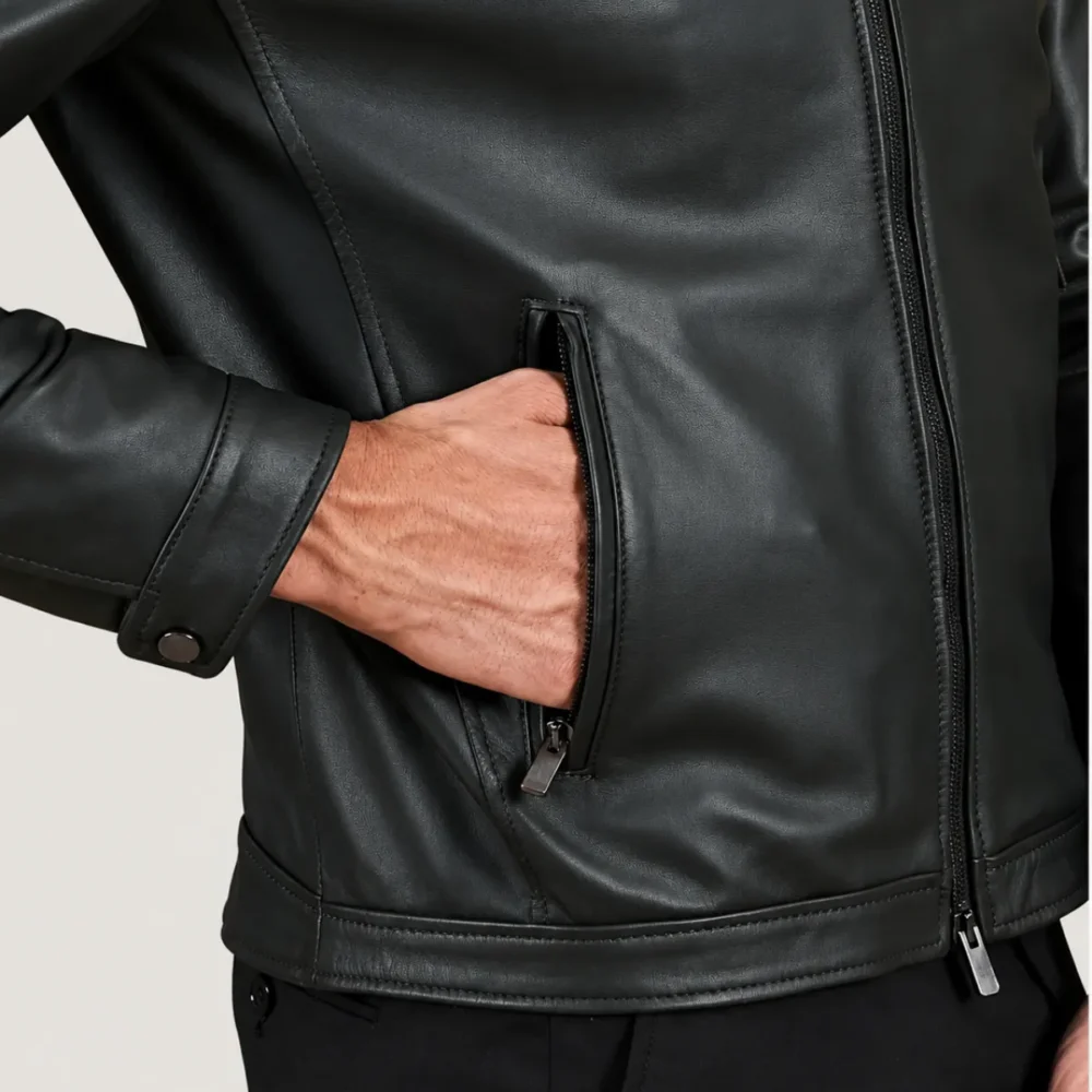 lossiemouth-forest-green-leather-cafe-racer-jacket-pocket Lossiemouth Forest Green Leather Café Racer Jacket