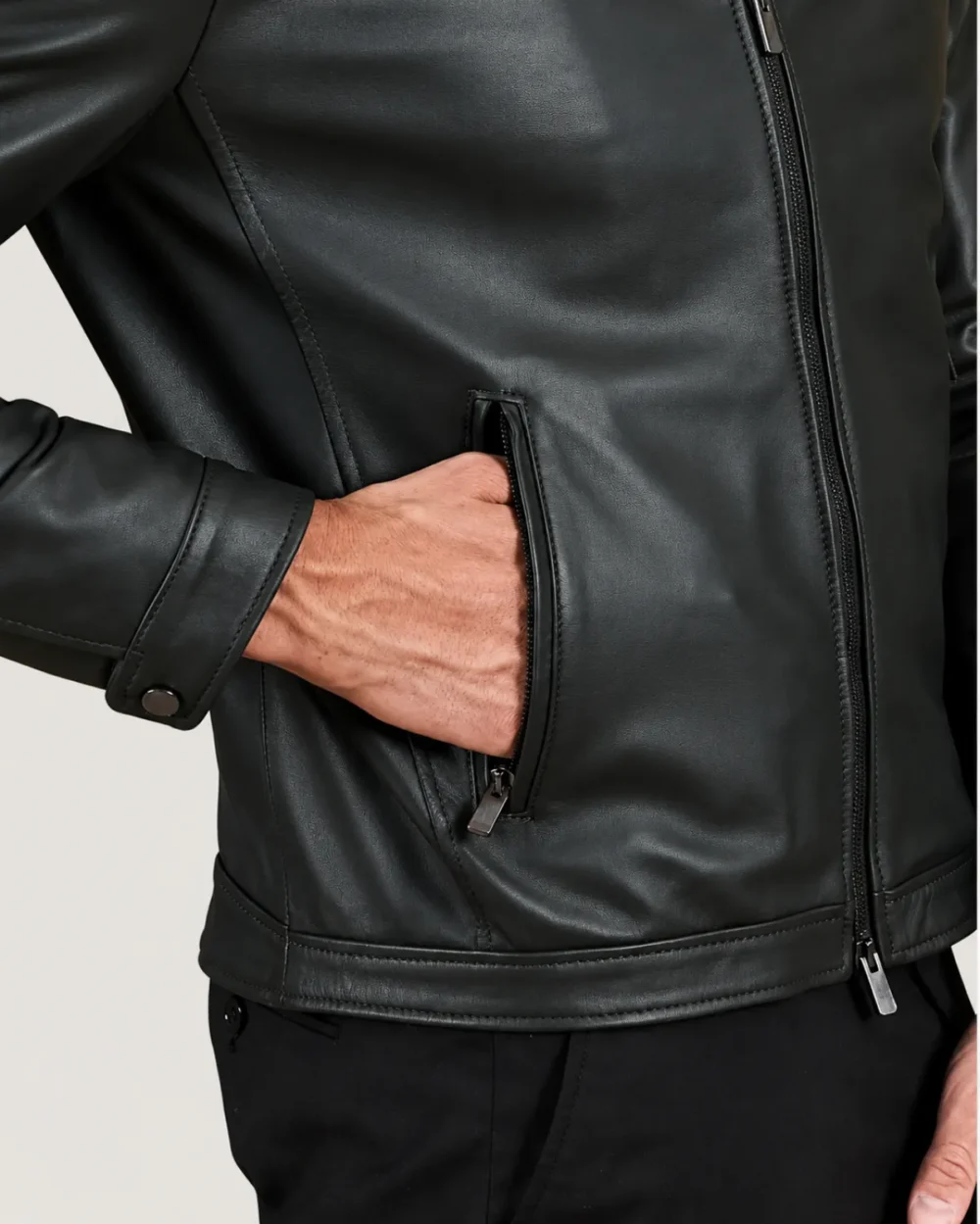 lossiemouth-forest-green-leather-cafe-racer-jacket-pocket Lossiemouth Forest Green Leather Café Racer Jacket