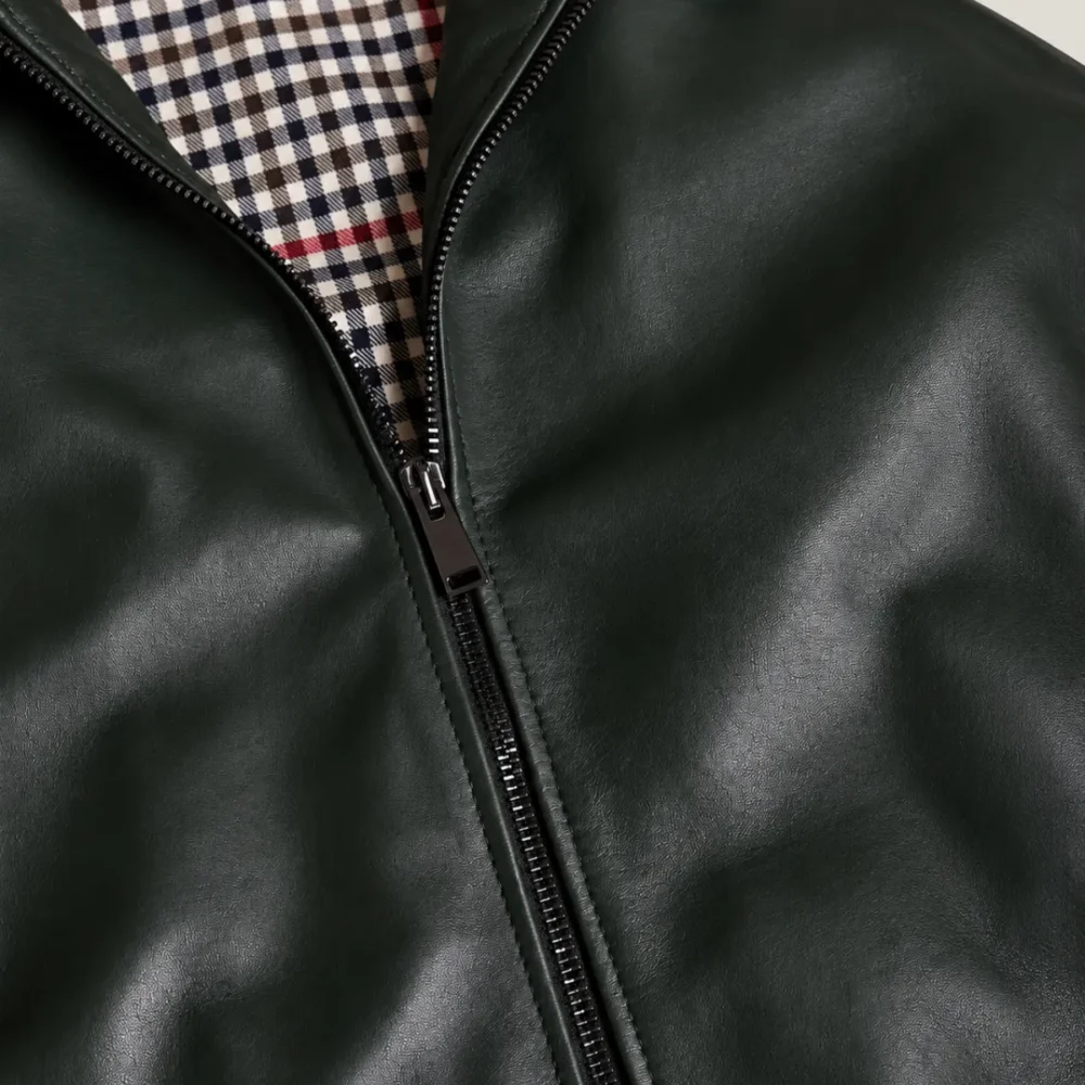 lossiemouth-forest-green-leather-cafe-racer-jacket-unzipped-raw Lossiemouth Forest Green Leather Café Racer Jacket